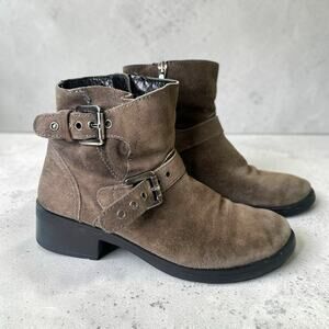 Aquatalia Suede Ankle Boots Moto Buckle Grey Brown Made in Italy Womens Size 6